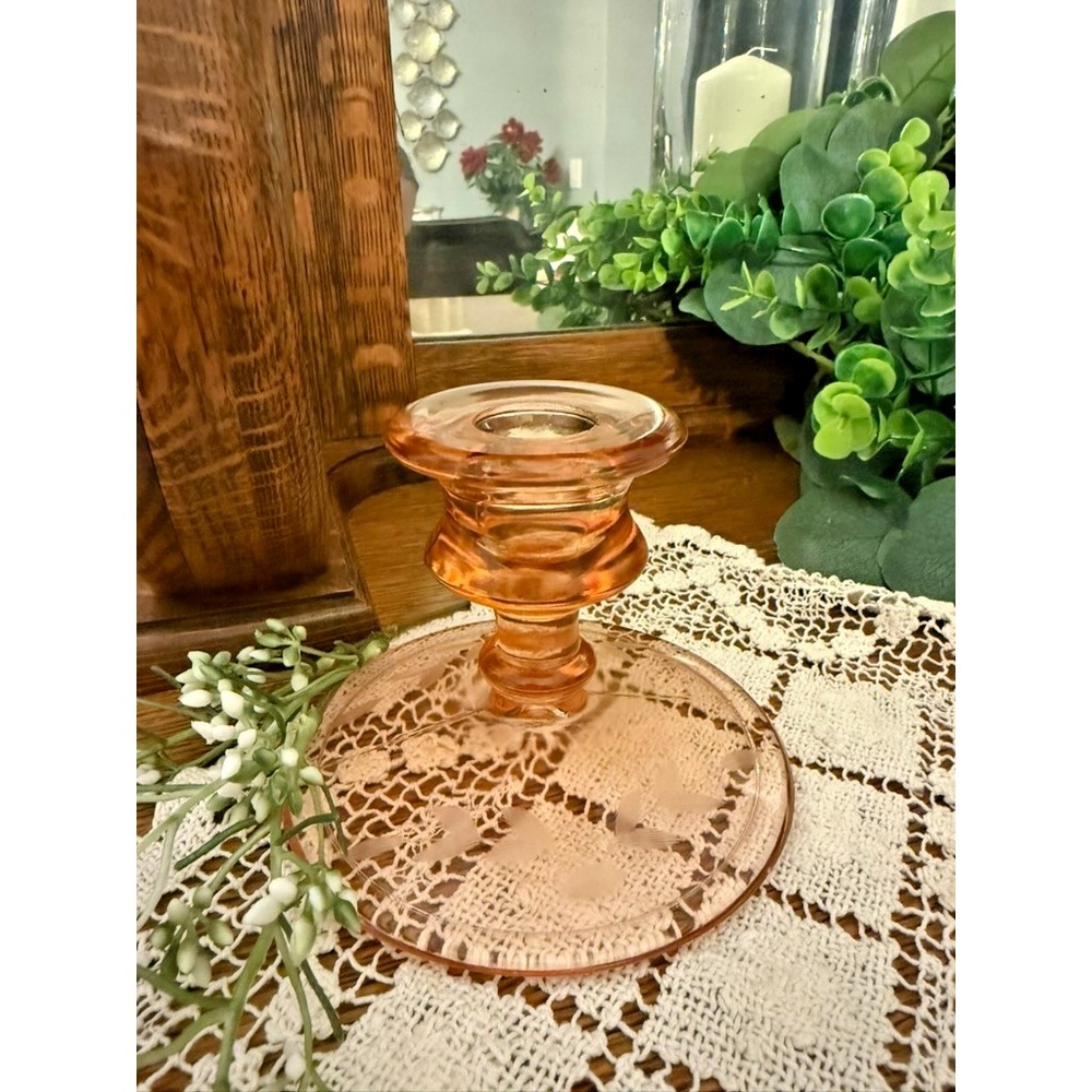 Pink Etched Glass Candle Holder Wheel Cut Leaf Pattern Mid Centuryâ 4" Pedestal